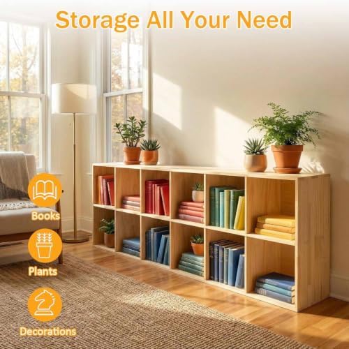 Solid Wood Horizontal Bookshelf,Cubby Storage Organizer,Vertical or Horizontal Bookcase,Hallway TV Stand,for Books, Photo Albums, Plants & Daily Necessities(35.4"-6Cube)