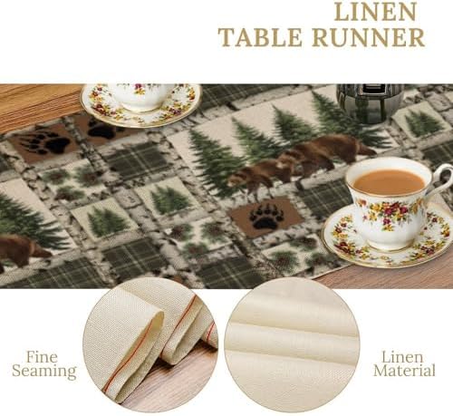 Rustic Cabin Moose Deer Bear Table Runner, Retro Bear Cottage Country Style Cabin Farmhouse Dinner Runner for Home Kitchen Dining Table Decoration 13x70inch