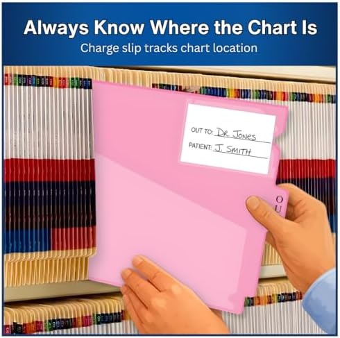 Doctor Stuff - Center Tab Vinyl Out Guides, Diagonal Cut Front Pocket, Top Charge Out Slip Pocket, Plastic File Folder, Letter Size 9" x 13-1/4", Pink, 100/Box
