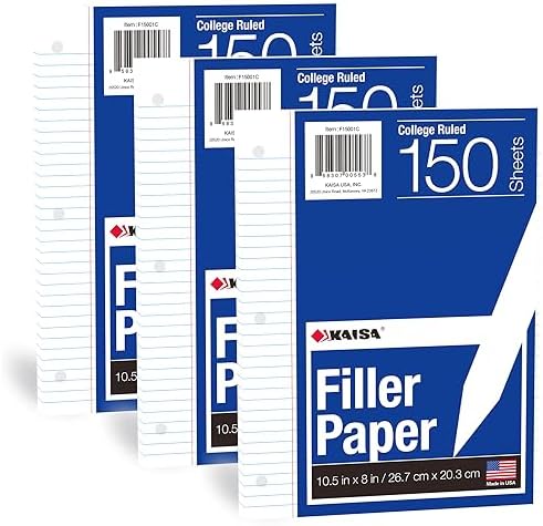 Kaisa Loose Leaf Paper Filler Paper 8x10.5 inches, College Ruled, 3-Hole Punched for 3-Ring Binder, 150 Sheets/Pack (3 Pack) F15001C
