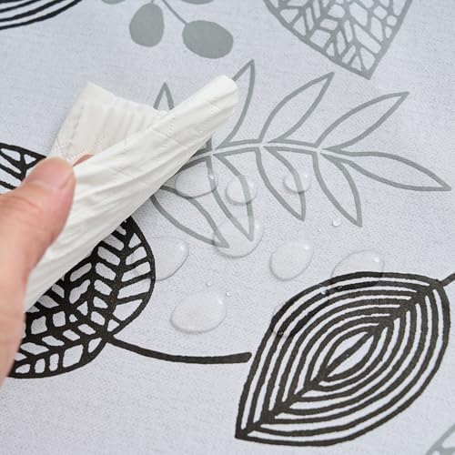 LIBERECOO Monochrome Leaf Whisper Vinyl Tablecloth with Flannel Backing – Elegant Black & White Leaf Design – Waterproof, Durable, Lightweight