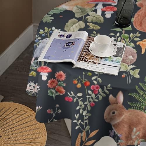 Watercolor Forest Tablecloth, Rustic Woodland Animals Squirrel Rabbit Fox Wild Flower Mushroom Leaves Print Table Cloth Cover for Kitchen Dining Indoor Outdoor Decor, 50x50in
