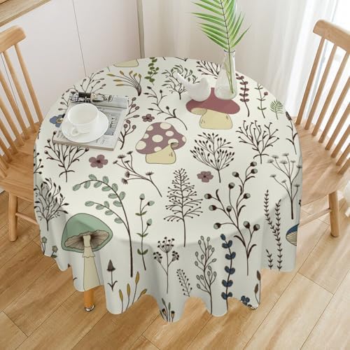 Mushroom Tablecloth, Boho Floral Rustic Wildflower Herbs Plants Colorful Botanical Green Leaves Print Table Cloth for Kitchen Dining Picnic Party Restaurant Decoration, 50x50in