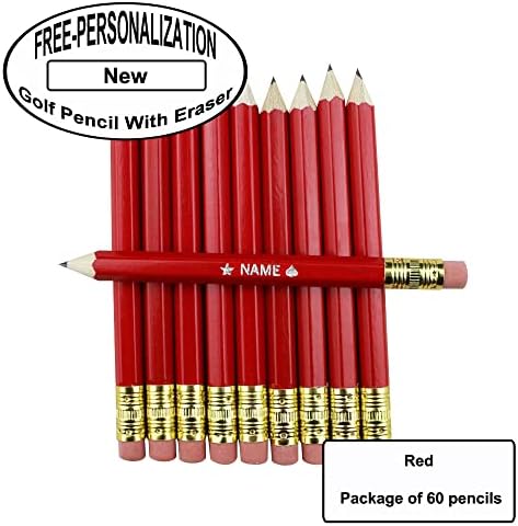 EZPENCILS & GIFTS - Golf Pencils Tipped with Eraser (1/2 a Pencil - Pew Pencils) - Red Colored Barrel - FREE-PERSONALIZATION - 2HB Black Lead - Custom Text - Non-Smear Eraser – Package of 60