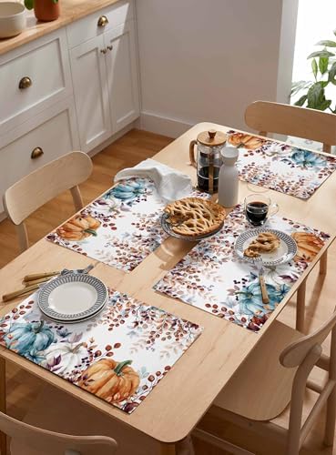 Fall Thanksgiving Placemats Set of 6, Watercolor Pumpkins Eucalyptus Leaves Heat Resistant Washable Linen Table Place Mats Party Holiday Decor for Home Kitchen Dining Outdoor Indoor, Blue Orange