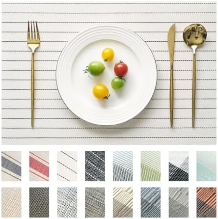 Placemats Set of 6 Vinyl/Plastic Woven Place Mats for Kitchen Table Indoor/Outdoor Washable Placemat Wipeable Dining Table Mats (White Stripes,6)