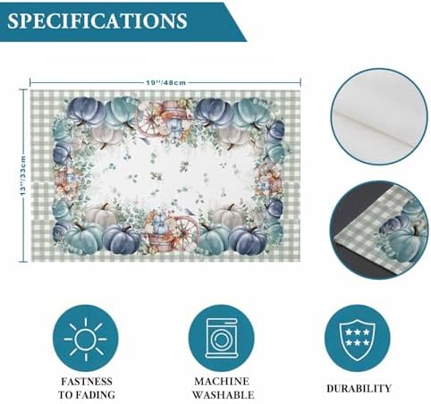 Fall Thanksgiving Placemat, Navy Blue Pumpkins Green Eucalyptus Leaves Heat Resistant Washable Table Place Mats Sage Farmhouse Plaid Table Linens Decor for Home Kitchen Dining Outdoor Indoor
