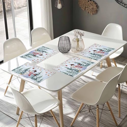 Snowman Placemats Set of 4, Blue Merry Christmas Tree Red Balls Squirrel Heat Resistant Washable Table Place Mats Winter Cotton Table Linens Party Holiday Decor for Kitchen Dining Outdoor Indoor