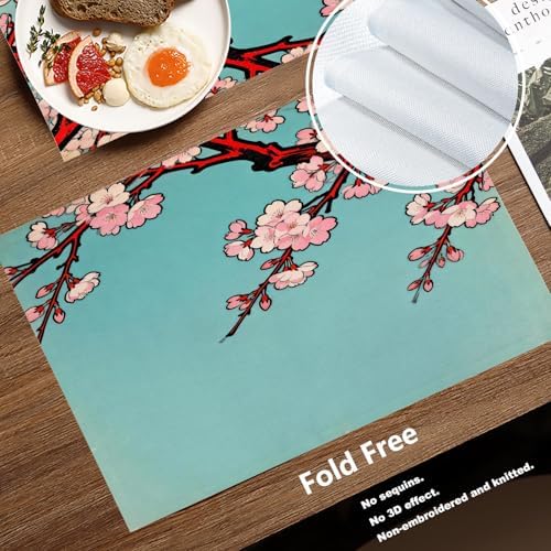 Batmerry Shabby Chic Cherry Blossom Linen Placemats Set of 4, Turquoise Vintage Washable Table Mats for Kitchen Table Thickened Heat Insulation Dining Set Indoor Outdoor 12X18 in