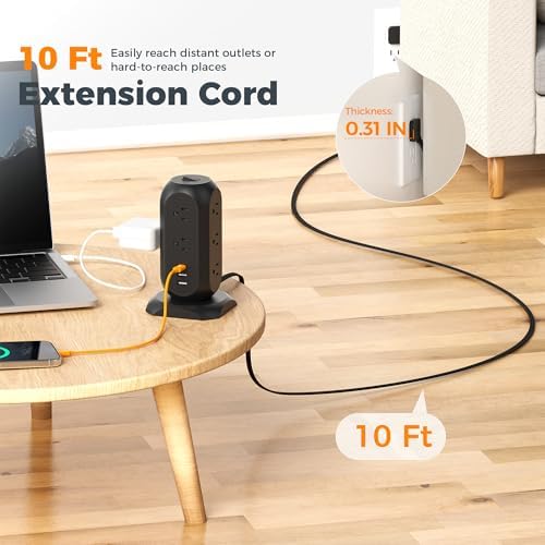 TESSAN Tower Power Strip Flat Plug with 1050J Protection, 10 Ft, Black