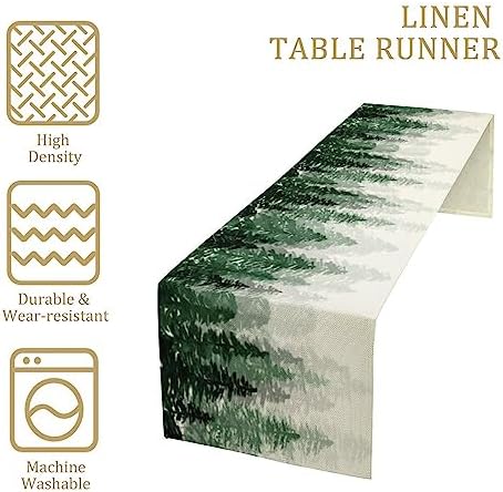 Green Forest Pine Trees Table Runner, Woodland Tabletop Scarf Home Kitchen Holiday Decor, Seasonal Farmhouse Rustic Dining Decorations Party Supply 13 X 120 Inch