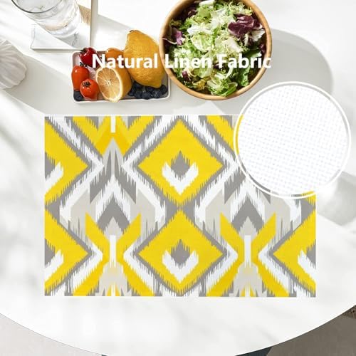 Batmerry Geometric Placemats,Retro Geometric Ikat Yellow Gray Pattern Woven Burlap Modern Linen Washable Insulation Table Mats for Farmhouse Placemats Set of 4