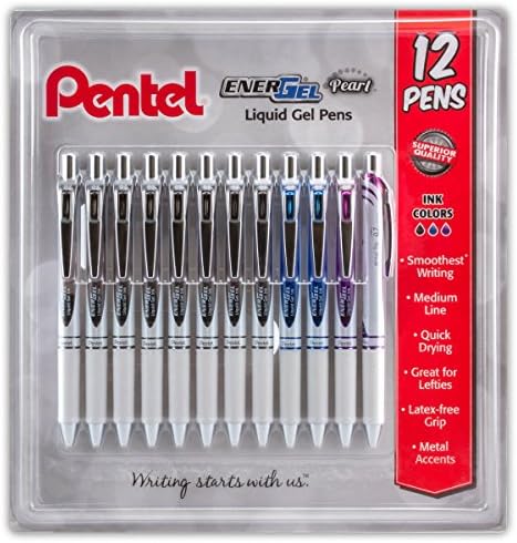 Pentel EnerGel Pearl Retractable Liquid Gel Pen, 0.7mm Black/Blue/Violet Ink, 12 Pack (BL77W12C)