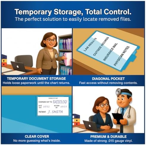 Doctor Stuff - Center Tab Vinyl Out Guides, Diagonal Cut Front Pocket, Top Charge Out Slip Pocket, Plastic File Folder, Letter Size 9" x 13-1/4", Light Blue, 100/Box