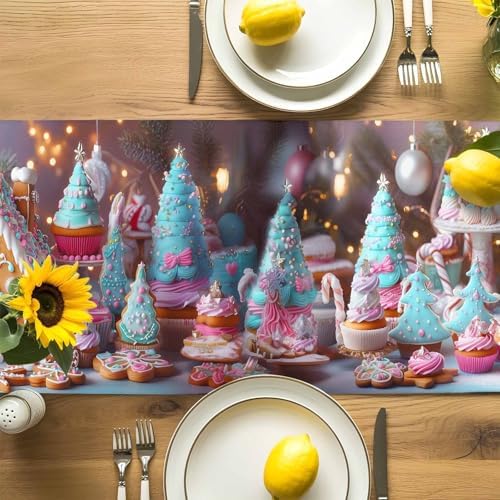 Christmas Table Runner Dresser Scarf 13 x 72 Inch Gingerbread House Gingerbread Man Cake Candy Table Runners Non-Slip Heat Resistant Kitchen Dining Table Decor for Home Holidays Indoor Outdoor