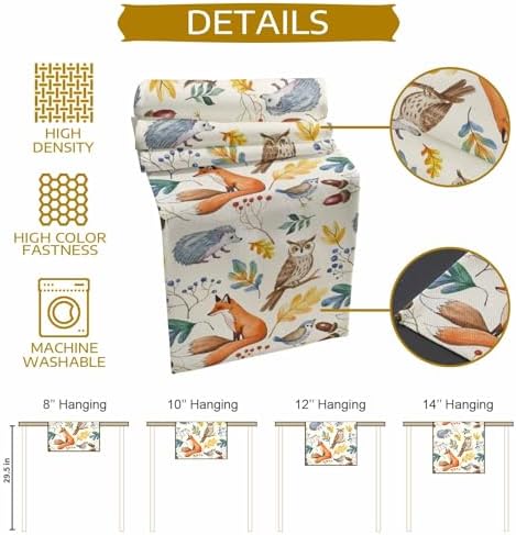 Fall Table Runner Autumn Animal Table Runners Harvest Thanksgiving Owl Bird Fox Leaves Cotton Linen Dresser Scarf Kitchen Dining Table Decor for Autumn Holiday Party Coffee 13x48 Inch