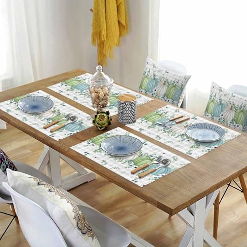 Fall Thanksgiving Placemats Set of 4, Autumn Pumpkins Eucalyptus Leaves Heat Resistant Dining Table Mats Fall Holiday Farmhouse Decor for Kitchen&Linens Outdoor Indoor, White Blue Green Gray Plaid