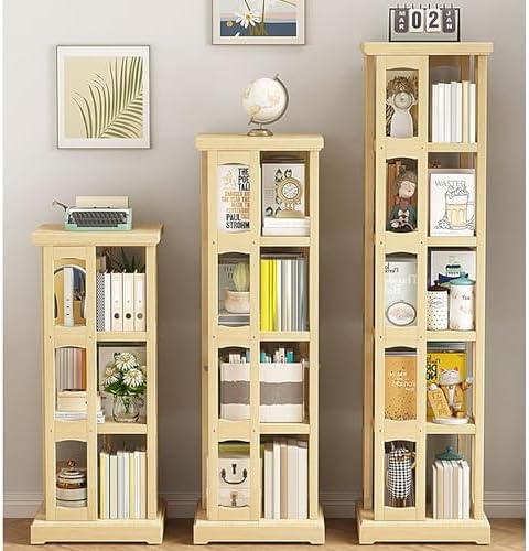 GAMAK Rotating Bookshelf 360 Display 4 Tier Floor Standing Bookcase Small Book Shelf Stand on Wheels Kids Bookshelf and Storage Rack for Small Space (Size : Pine, Color : Three)