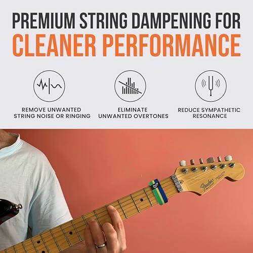Gruv Gear Fret Wrap & Guitar Mute, Fretwrap for Acoustic, Electric & Bass | String Dampener Recording, Tapping & Practice Accessory (1 Pack, Small Green/Yellow/Blue, Fits 4 String Bass, 6 String