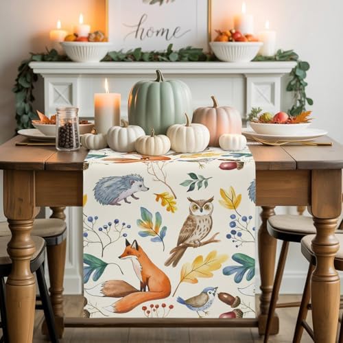 Fall Table Runner Autumn Animal Table Runners Harvest Thanksgiving Owl Bird Fox Leaves Cotton Linen Dresser Scarf Kitchen Dining Table Decor for Autumn Holiday Party Coffee 13x70 Inch