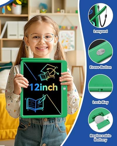 Bravokids 12 Inch LCD Writing Tablet for 3 Year Olds - Electronic Drawing Pad and Doodle Board as Educational Birthday Gifts for Girls and Boys (Green)