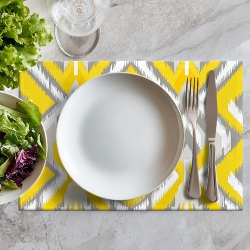 Batmerry Geometric Placemats,Retro Geometric Ikat Yellow Gray Pattern Woven Burlap Modern Linen Washable Insulation Table Mats for Farmhouse Placemats Set of 4