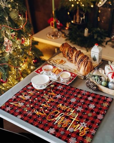 Merry Christmas Placemat 1PC, Gold Xmas Tree Heat Resistant Washable Table Place Mats Red Black Buffalo Plaid Pattern Cotton Table Linens Party Holiday Decor for Kitchen Dining Outdoor Indoor