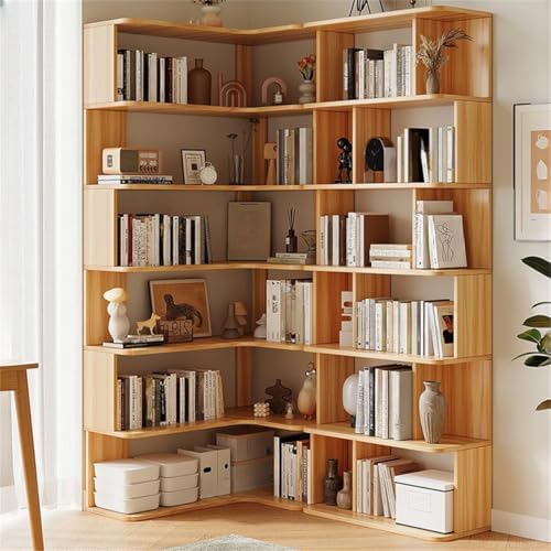 Vertical Wall Corner Shelf with Open Back 7-Shelf Wood Corner Bookshelf Floor Book Rack Multi-Layer Storage Shelf Against the Wall Bookcase Light Walnut 24" L x 24" W x 75" H