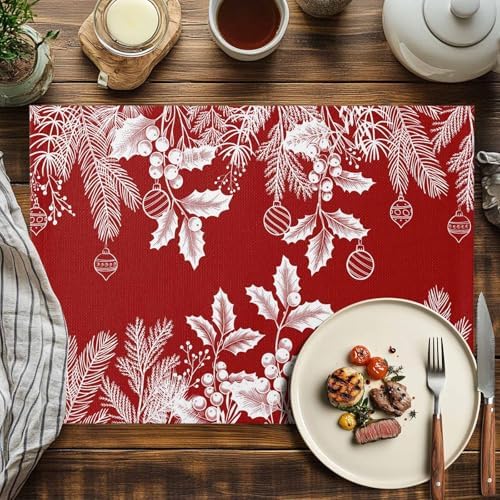 Red Christmas Placemats Set of 4, Floral Pine Leaf Xmas Balls Heat Resistant Washable Table Place Mats White Winter Holidays Cotton Table Linens Party Holiday Decor for Kitchen Dining Outdoor Indoor