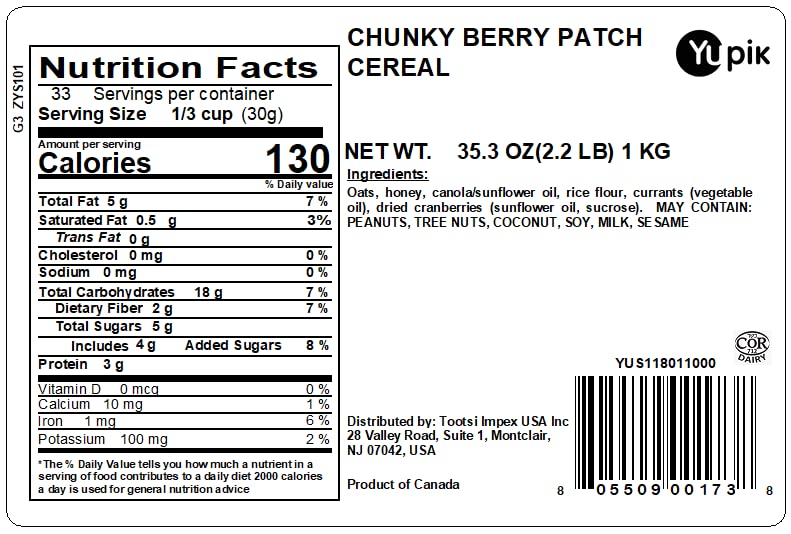 Yupik Granola Cereal, Chunky Berry Patch, 2.2 lb, a granola mix of oats, currants, cranberries, and honey (Pack of 1)