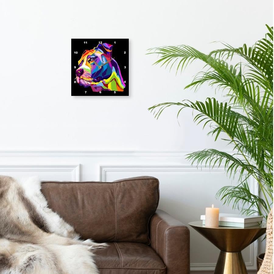 3dRose Wall Clock Silent - 13 inch - Colorful Portrait of a Pitbull Dog Doggy Pet - Dog