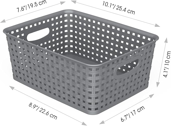WYT Weave Storage Organizer Baskets, Grey 6-Pack Plastic Woven Baskets, 10.1" x 7.55" x 4.1"