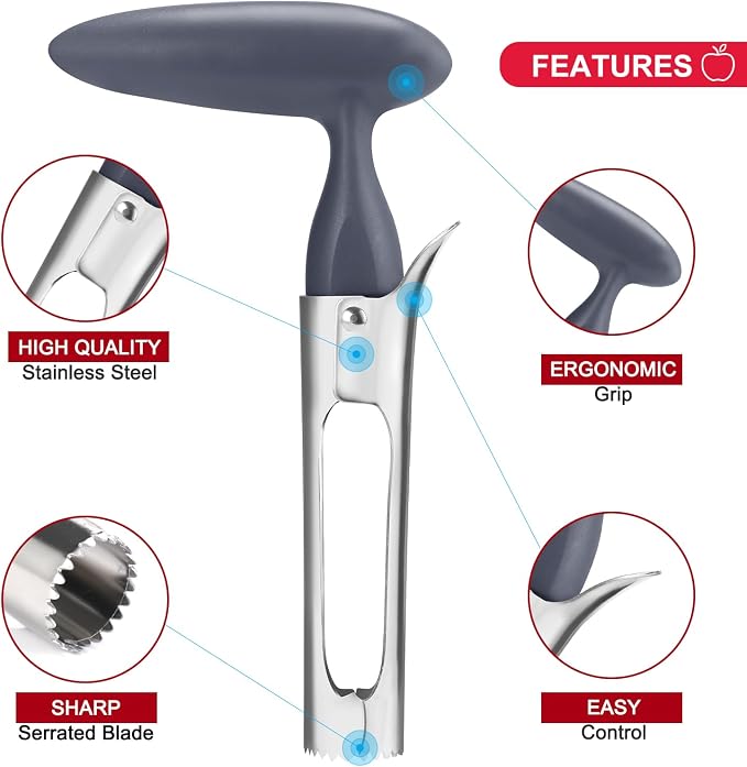 SCHVUBENR Premium Apple Corer Tool - Easy to Use and Clean - Sturdy Apple Remover with Sharp Serrated Tips - Stainless Steel Corers for Apple and Pear - Core Fruits with Ease(Silver)