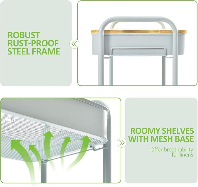 TOOLF 3-Tier Rolling Cart with Table Top, Metal Storage Cart on Wheels, Utility Organizer with Wooden Tray, Lockable Casters, Easy Assembly for Bathroom, Bedroom, Baby Room, Kitchen, Green