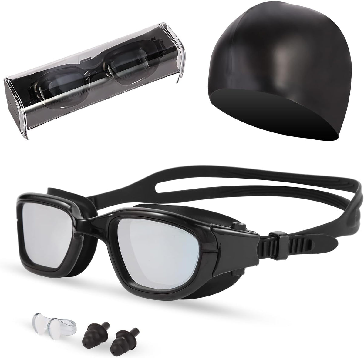 Swim Goggles, Goggles Adult with Swimming Cap, Nose Clip & Ear Plugs, UV Protection Anti-Fog Lens and Case for Adult