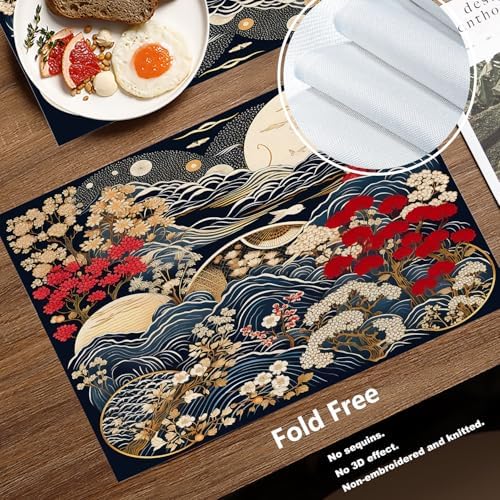 Batmerry Flowers Waves Linen Placemats Set of 4, Beautiful Nature Scene with Moon Washable Table Mats for Kitchen Table Thickened Heat Insulation Dining Set Indoor Outdoor 12X18 in
