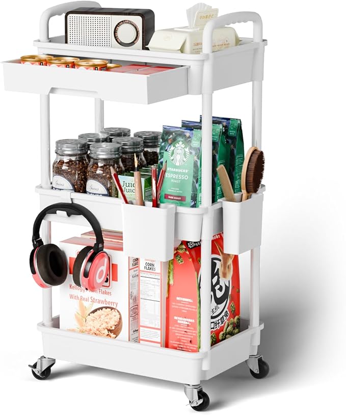Sorgion 3 Tier Rolling Cart Organizer,Laundry Room Bathroom Organizers and Storage Office Shelves Mobile Shelving Unit Kitchen Trolley Cart with Wheels for Art,Craft,Diaper,Bedside,Snack(White)