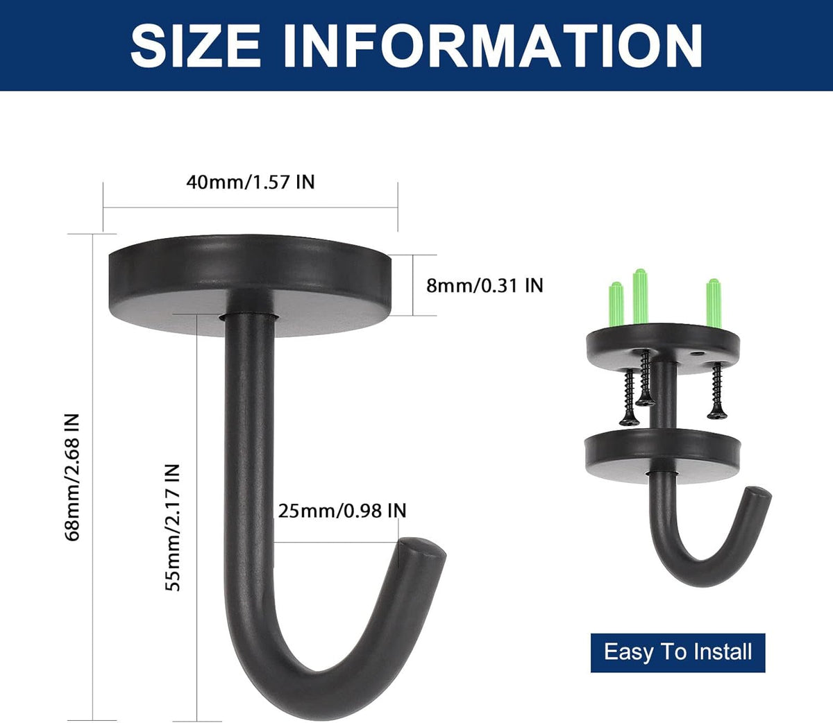 NearMoon Coat Hooks, Wall Hooks for Hanging Hat Hurse Robe, 304 Stainless Steel Heavy Duty Towel Hangers for Bathroom Livingroom Kitchen-Ceiling Hook, 6 Pack (2 Inch, Matte Black)