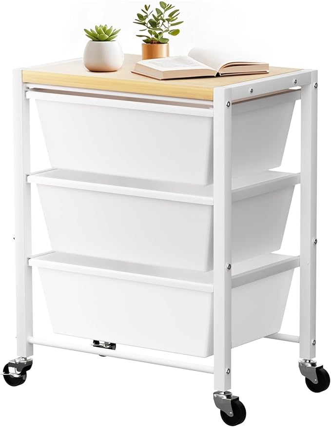 Rolling Cart with 3 Drawers, Plastic Drawer Storage Carts with Lockable Wheels & Wooden Tabletop, Metal Utility Cart Organizer, Office Bedroom Classroom Craft Organization and Storage, Bright White