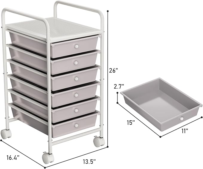 6-Tier Utility Cart with 6 Drawers, Rolling Utility Cart with 2 Lockable Caster Wheels, Multipurpose Mobile Rolling Drawer Cart for Office Bathroom Kitchen, Gray