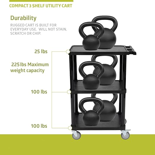 Pearington 3-Tier Compact Multi-Purpose Plastic Utility Cart with Lockable Wheels up to 300LBS, Black