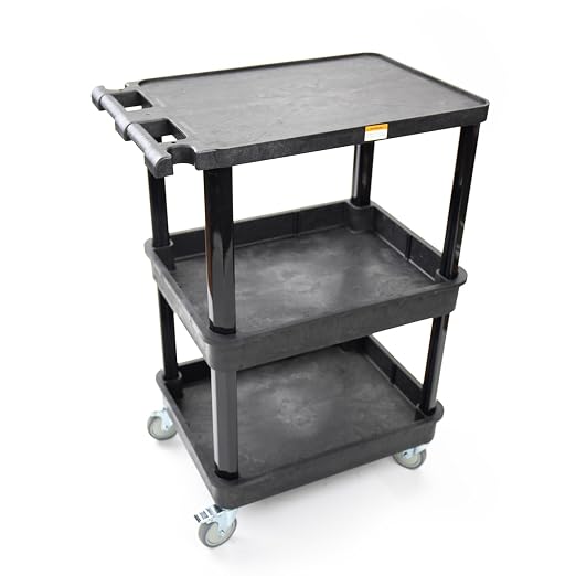 Pearington 3-Shelf Multipurpose Mobile Utility Cart with 2 Bins and Lockable Wheels, Heavy-Duty Plastic Rolling Presentation Cart for Offices and Warehouses, Black