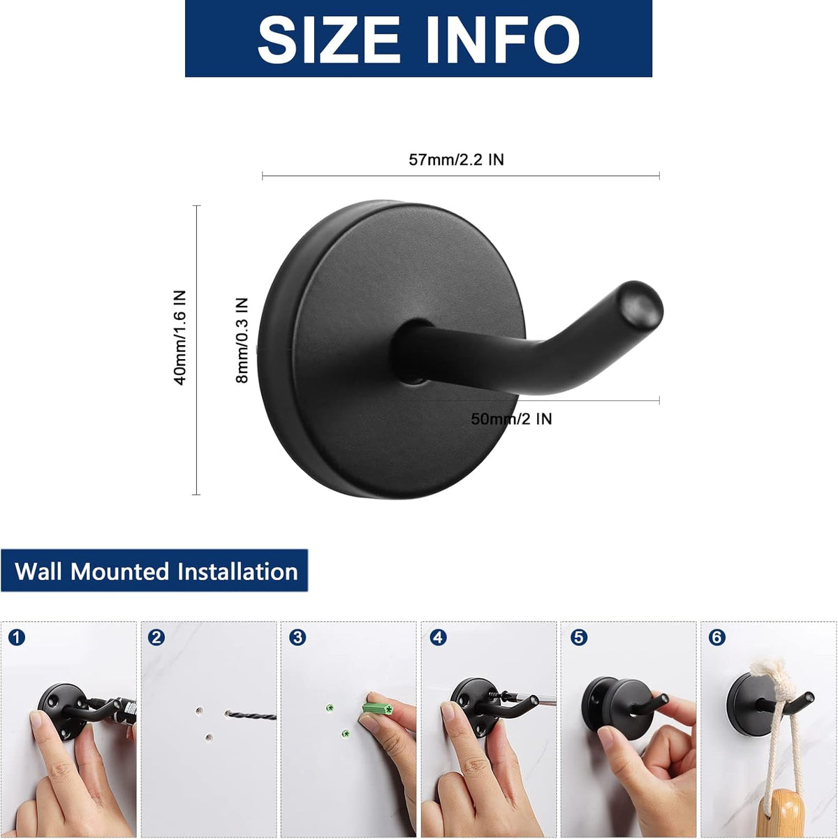 NearMoon Coat Hooks, Wall Hooks for Hanging Hat Hurse Robe, 304 Stainless Steel Heavy Duty Towel Hangers for Bathroom Livingroom Hotel Kitchen Garage, 6 Pack (2 Inch, Matte Black)