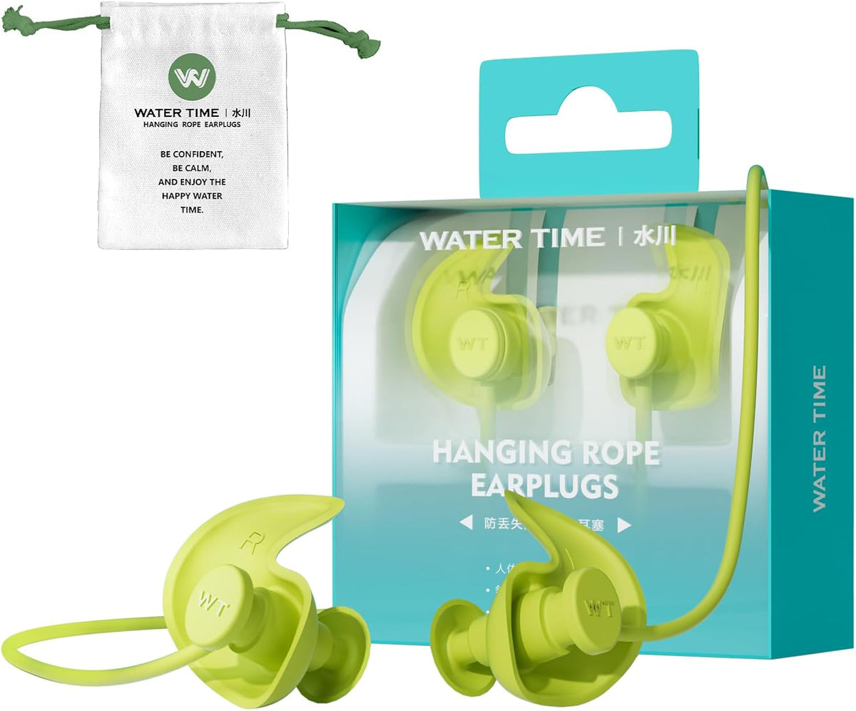 WATERTIME Waterproof Swimming Neckband Ear Plugs for Adults - Reusable Silicone Ear Plugs for Women & Men, Keep Ear Water Out for Swimming, Showering, Water Sports (Yellow, One Size)