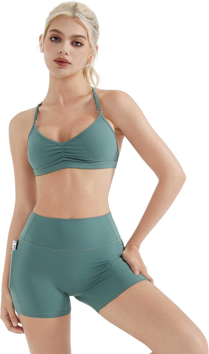 SUUKSESS Workout Sets for Women Padded Open Back Strappy Gym Set Criss Cross Yoga Sets 2 Pieces