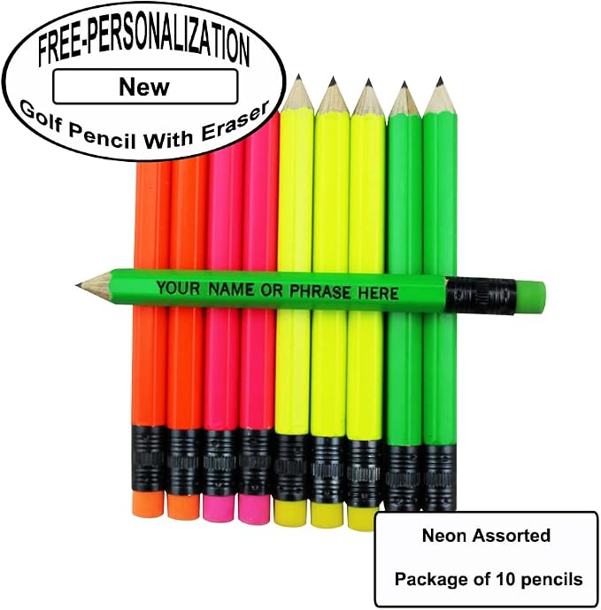 EZPENCILS & GIFTS - Golf Pencils Tipped with Eraser (1/2 a Pencil - Pew Pencils) - Neon Assorted Colored Barrel - FREE-PERSONALIZATION - 2HB Black Lead - Custom Text - Non-Smear Eraser – Package of 10
