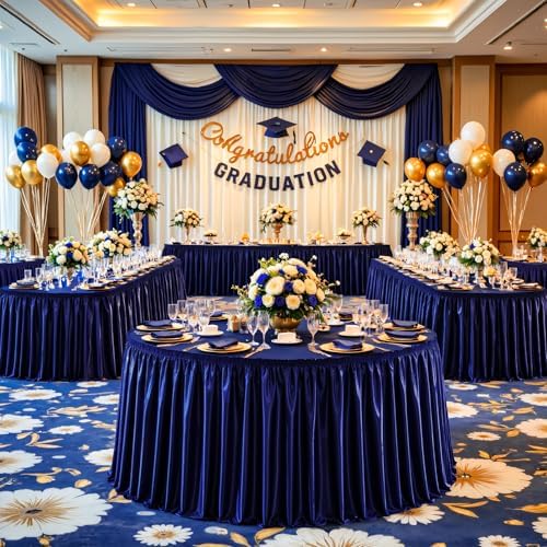 Wish Care 21ft Navy Blue Satin Long Table Skirt for Rectangle Tables Wrinkle Free Teacher Desk Skirt Glitter Ruffle Table Skirting Cloth for Back to School Classroom Office Birthday Party Table Decor