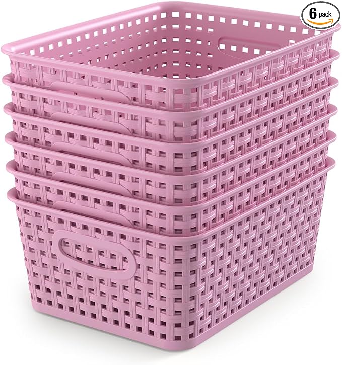 WYT 6-Pack Plastic Small Shelf Storage Weave Baskets Organizing for Cabinets and Pantries, Lavender Purple