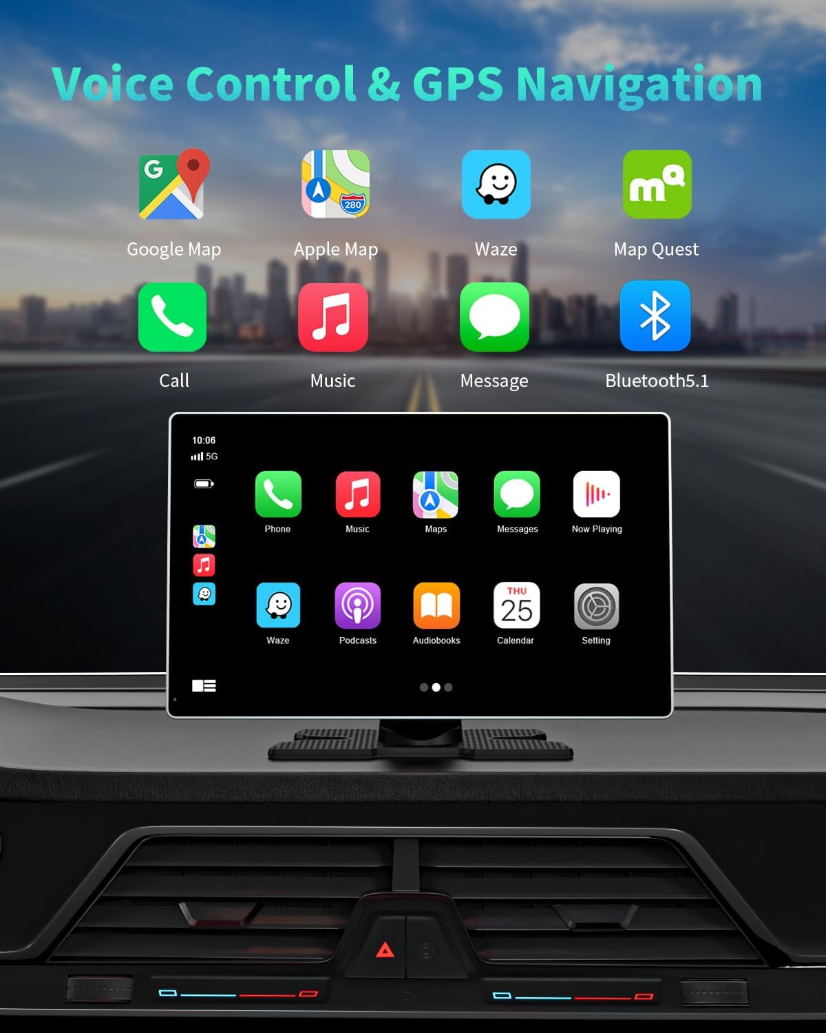 Portable Apple Carplay Screen for Car, 9" Wireless Apple Carplay & Android Auto,4K Dash Cam,1080p Backup Camera DVR,Car Audio Receivers GPS Navigation Mirror Link, Bluetooth,FM, Siri