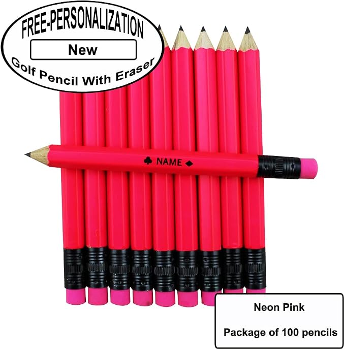 EZPENCILS & GIFTS - Golf Pencils Tipped with Eraser (1/2 a Pencil - Pew Pencils) - Neon Pink Colored Barrel - FREE-PERSONALIZATION - 2HB Black Lead - Custom Text - Non-Smear Eraser – Package of 100